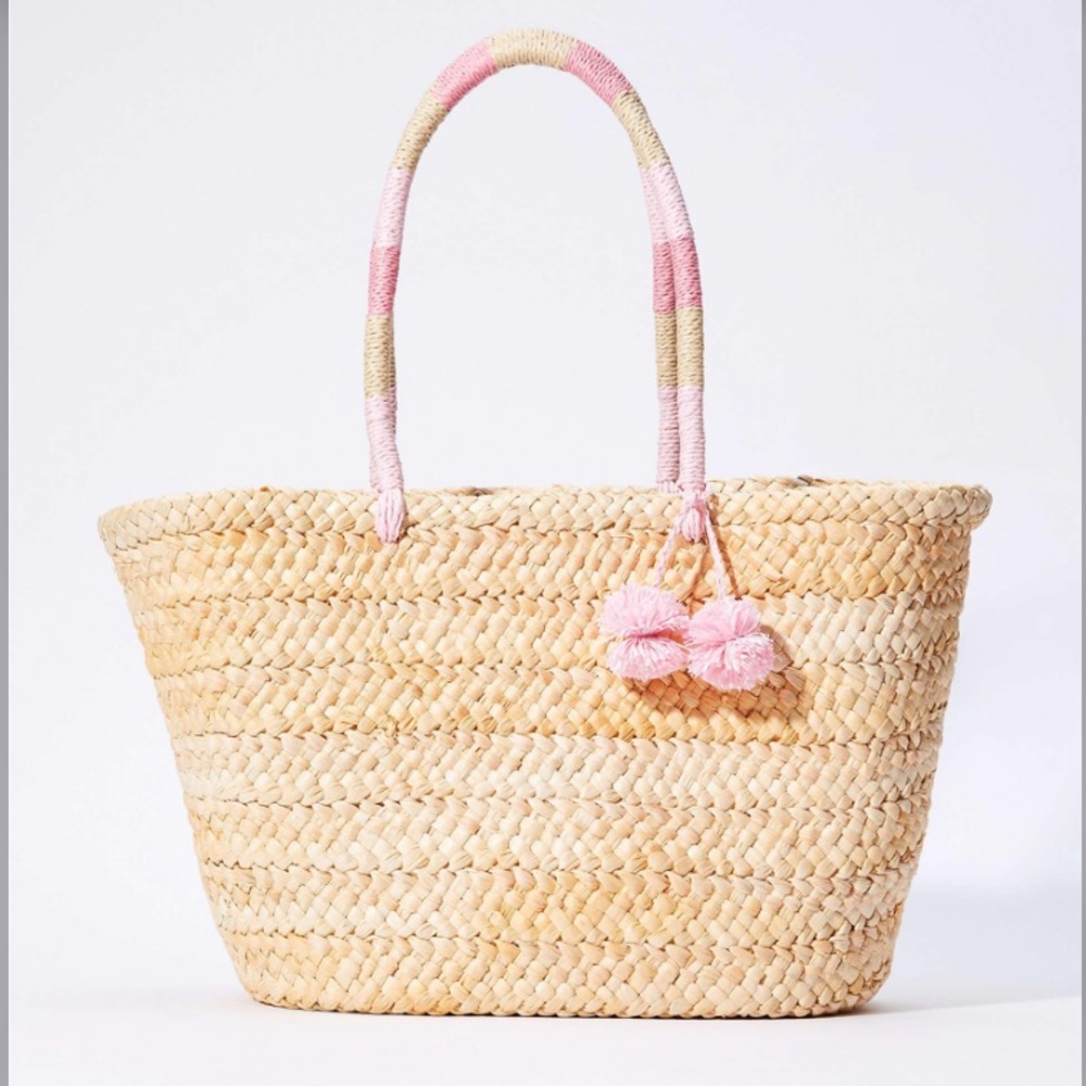 LOFT NWT Pom‎ Pom Colorblock Straw Tote